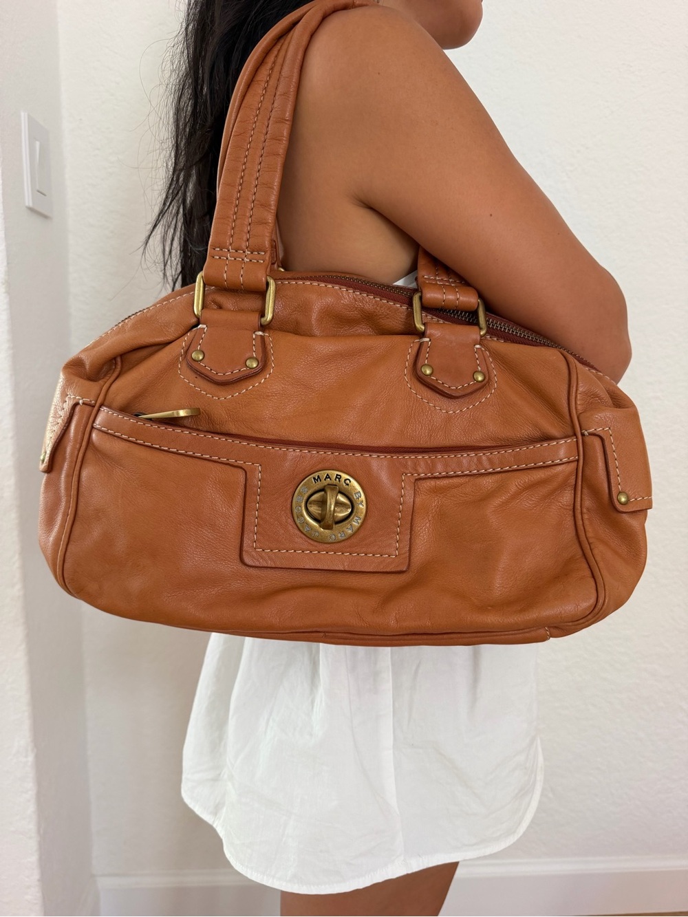 Marc by Marc Jacobs Cognac Leather Turn-Lock Shoulder Bowling Hand Bag